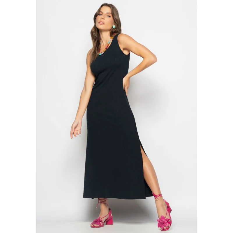 Vestido Longo Regata Com Fenda Canelado Preto Salvatore Tamanho M