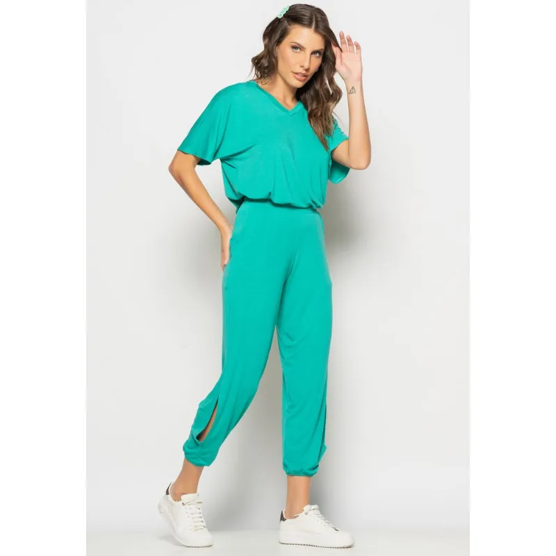 Conjunto Blusa Ampla Gola V e Calça Jogger Fenda Malha Verde Salvatore Tamanho P