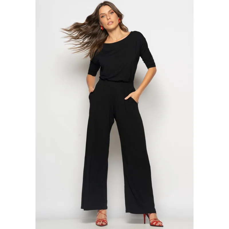 Conjunto Blusa Canoa 3/4 e Wide Leg Malha Preto Salvatore Tamanho P