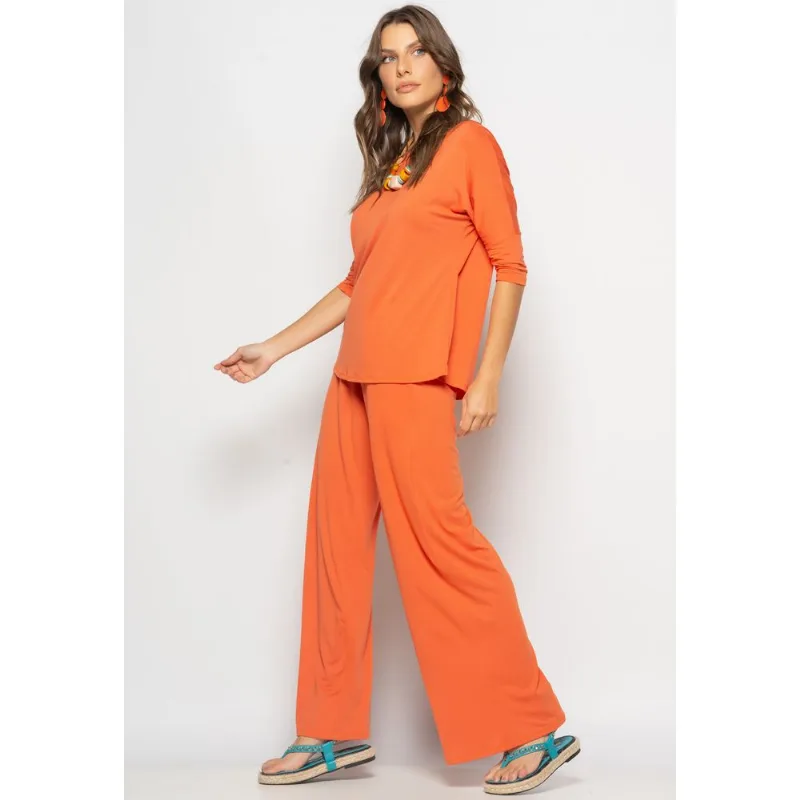 Conjunto Blusa Canoa 3/4 e Wide Leg Malha Terra Salvatore Tamanho G