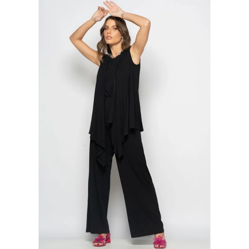 Conjunto Com Kimono, Regata e Wide Leg Malha Preto Salvatore Tamanho P