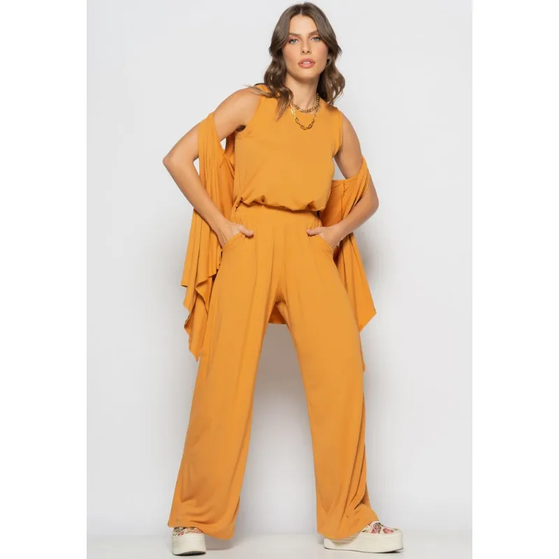 Conjunto Com Kimono, Regata e Wide Leg Malha Caramelo Salvatore Tamanho M
