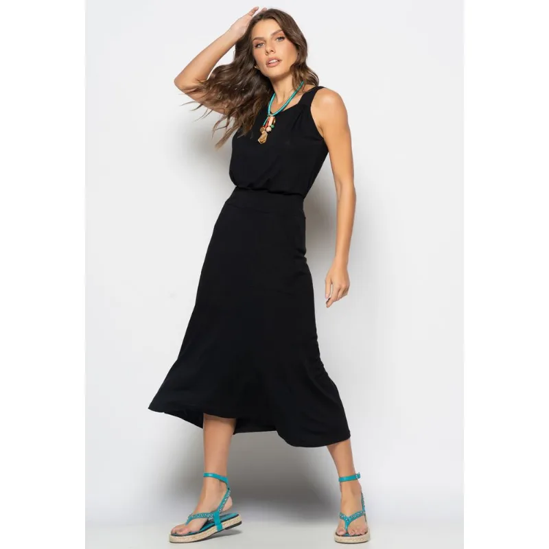 Conjunto Regata Drapeada e Saia Midi Malha Preto Salvatore Tamanho G