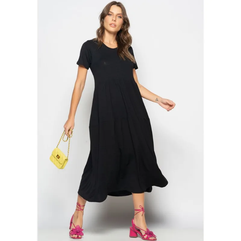 Vestido Midi Manga Curta Com Babado Preto Salvatore Tamanho G
