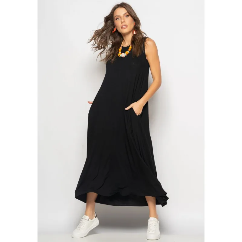 Vestido Longo Regata Com Bolsos Preto Salvatore Tamanho G