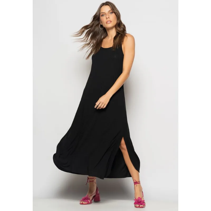 Vestido Longo Alcinha Com Barra Arredondada E Bolsos Preto Salvatore Tamanho M
