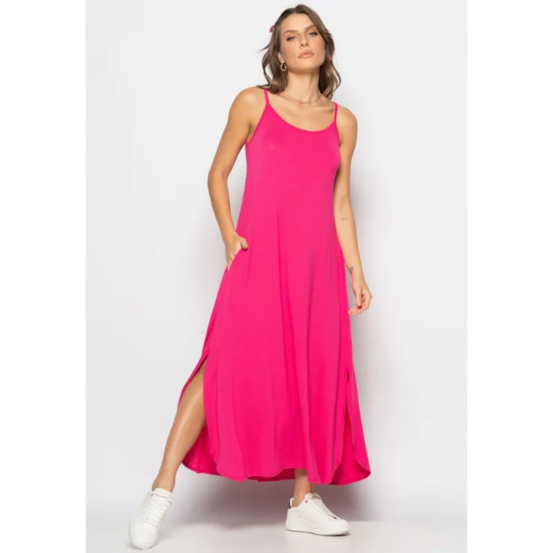 Vestido Longo Alcinha Com Barra Arredondada E Bolsos Pink Salvatore Tamanho M