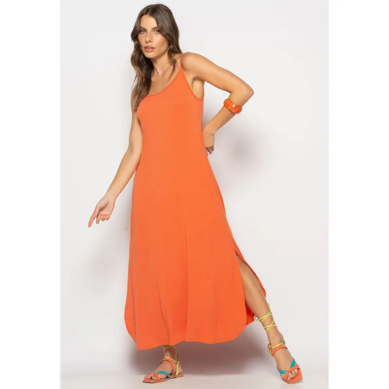 Vestido Longo Alcinha Com Barra Arredondada E Bolsos Telha Salvatore Tamanho P
