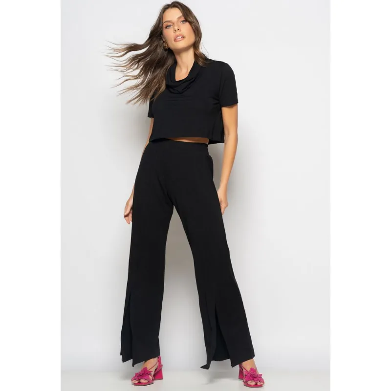 Conjunto Cropped Golão E Calça Fenda Frontal Malha Preto Salvatore Tamanho M