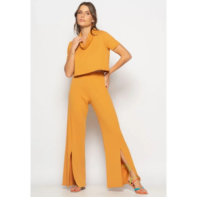 Conjunto Cropped Golão E Calça Fenda Frontal Malha Caramelo Salvatore Tamanho M
