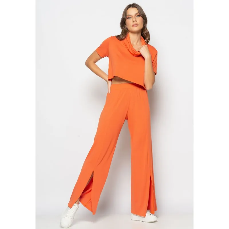 Conjunto Cropped Golão E Calça Fenda Frontal Malha Telha Salvatore Tamanho M