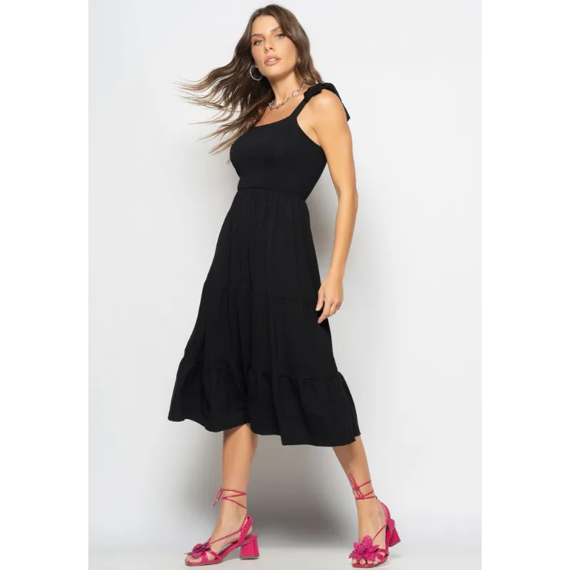Vestido Midi Babado Com Alça Amarração Malha Preto Salvatore Tamanho P