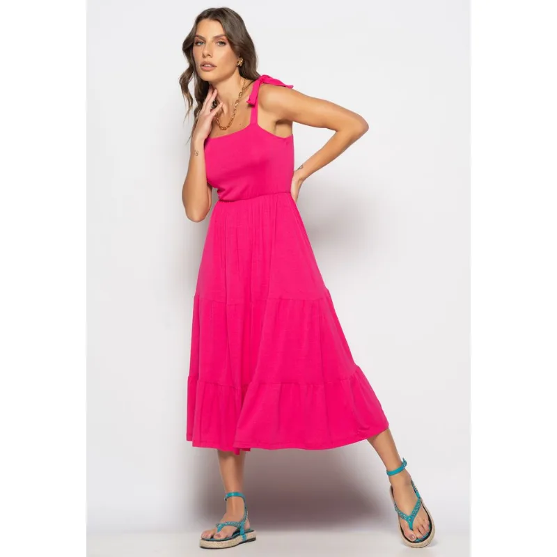Vestido Midi Babado Com Alça Amarração Malha Rosa Salvatore Tamanho M
