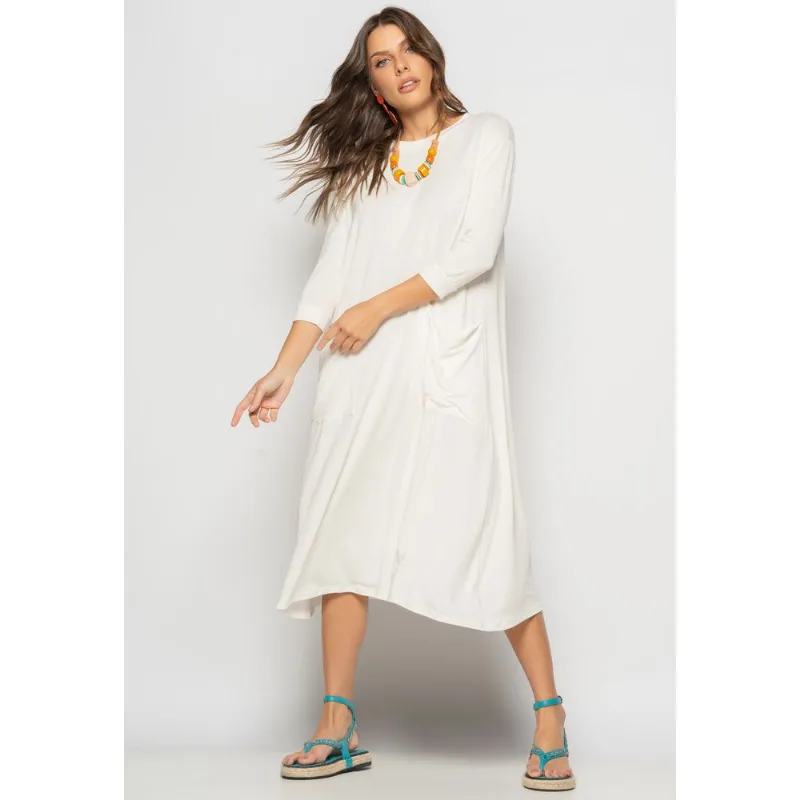 Vestido Midi Com Bolsos E Manga 7/8 Marfim Salvatore Tamanho G