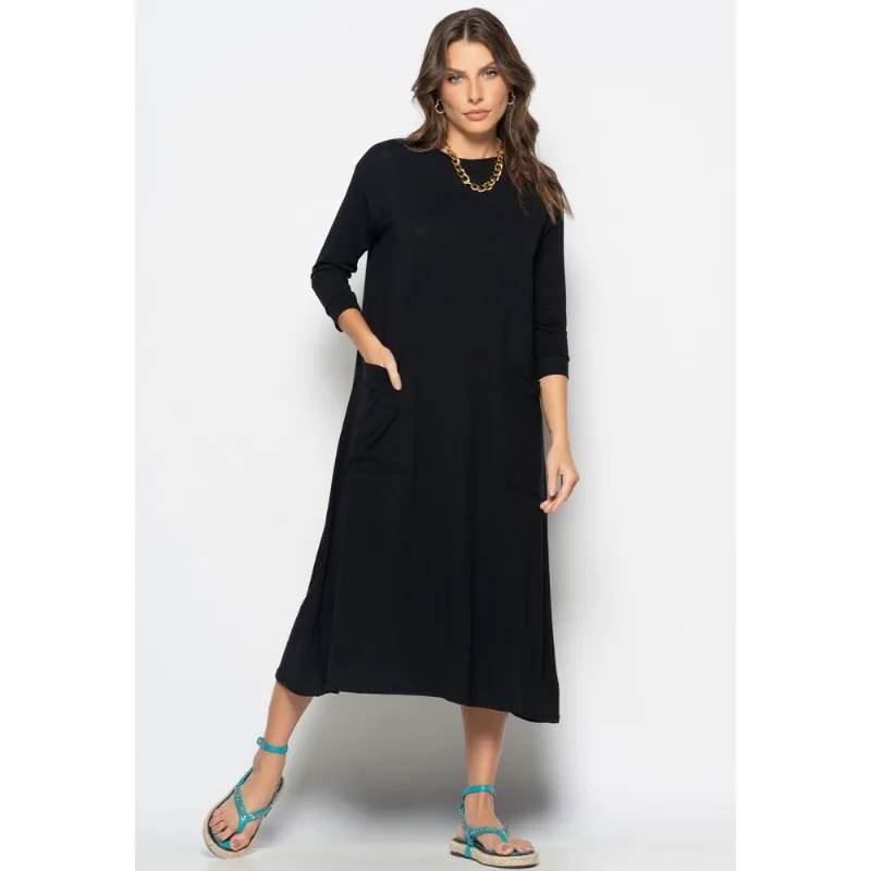 Vestido Midi Com Bolsos E Manga 7/8 Preto Salvatore Tamanho P
