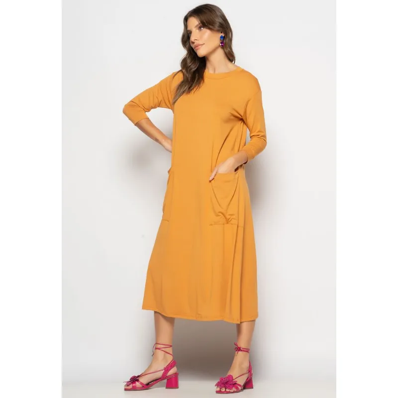 Vestido Midi Com Bolsos E Manga 7/8 Caramelo Salvatore Tamanho P
