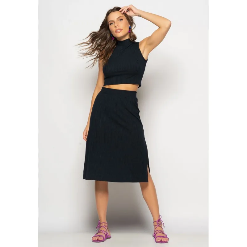 Conjunto Cropped Regata E Saia Midi Malha Canelada Preto Salvatore Tamanho P