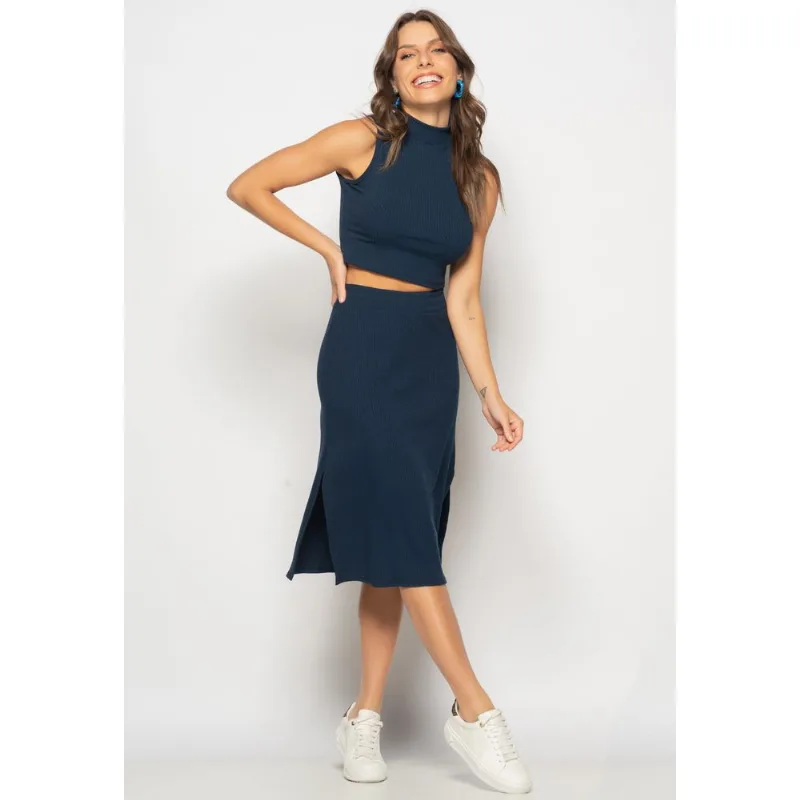 Conjunto Cropped Regata E Saia Midi Malha Canelada Marinho Salvatore Tamanho M