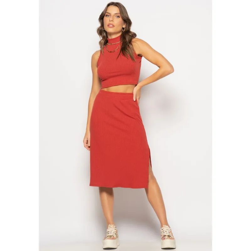 Conjunto Cropped Regata E Saia Midi Malha Canelada Terracota Salvatore Tamanho P