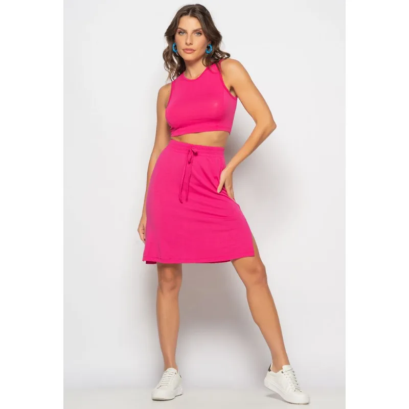 Saia Midi Com Fenda Malha Rosa Salvatore Tamanho G