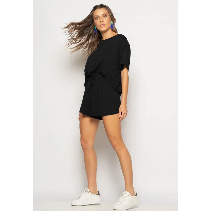 Conjunto Cropped Amplo Manga Curta e Short Malha Preto Salvatore Tamanho G