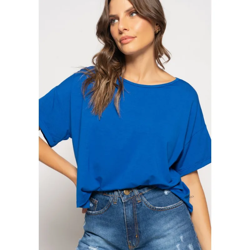 Cropped Amplo Manga Curta Malha Azul Salvatore Tamanho P