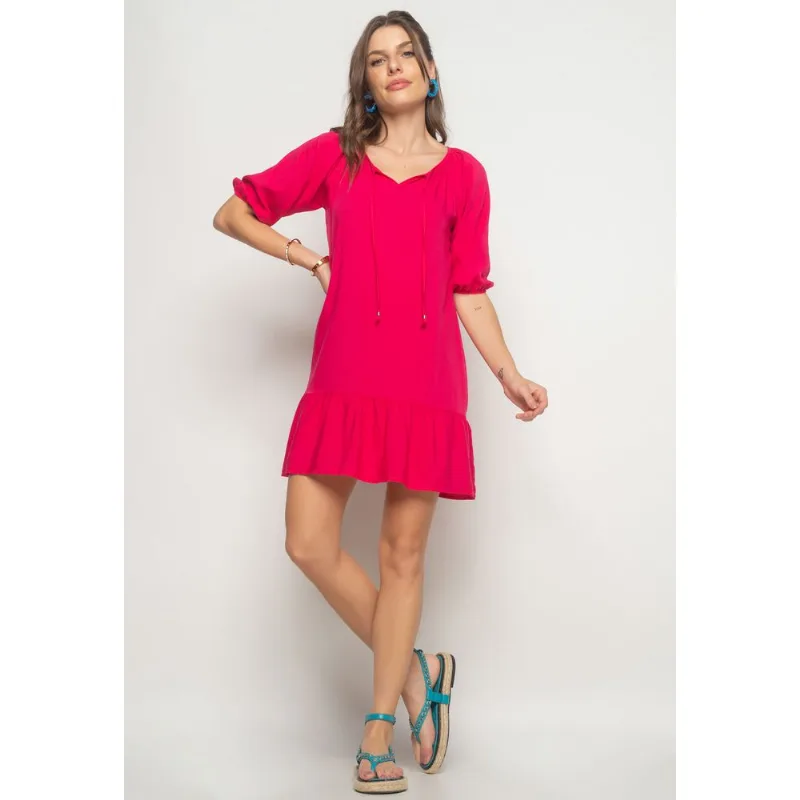 Vestido Curto Viscolinho Com Babado Rosa Salvatore Tamanho P