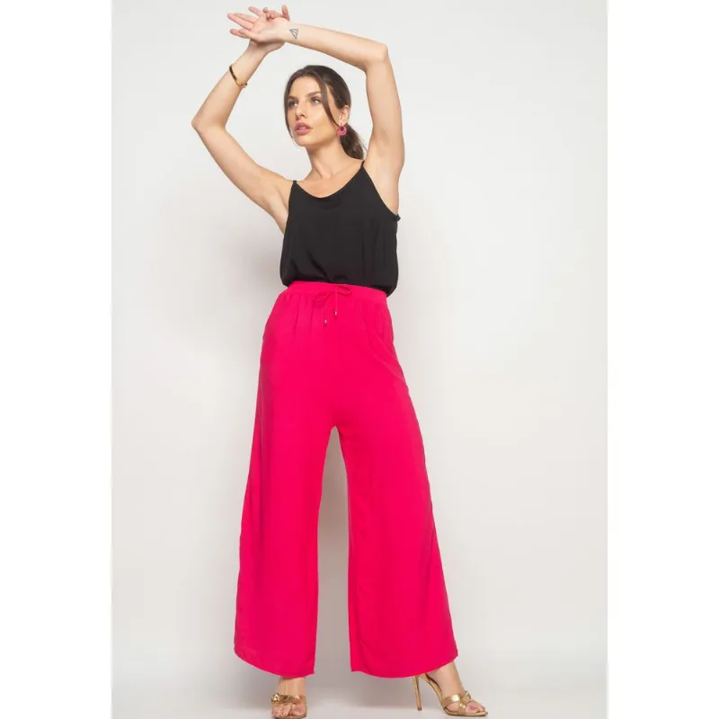 Calça Wide Leg Viscolinho Com Bolso Rosa Salvatore Tamanho P