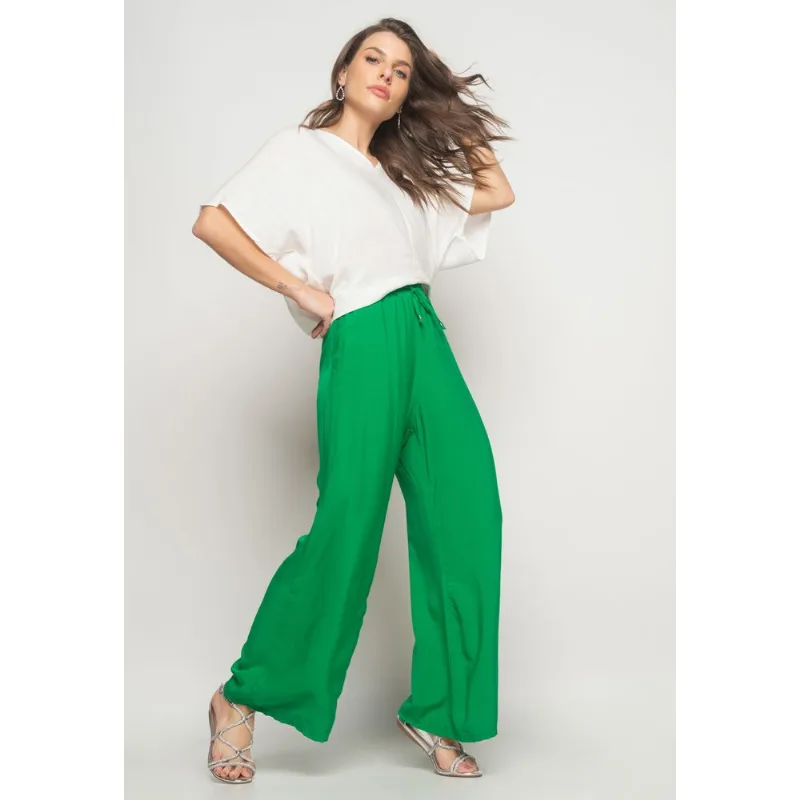 Calça Wide Leg Viscolinho Com Bolso Verde Salvatore Tamanho G
