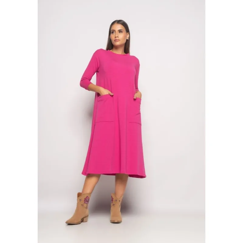 Vestido Midi Com Bolsos E Manga 7/8 Moletinho Rosa Salvatore Tamanho P