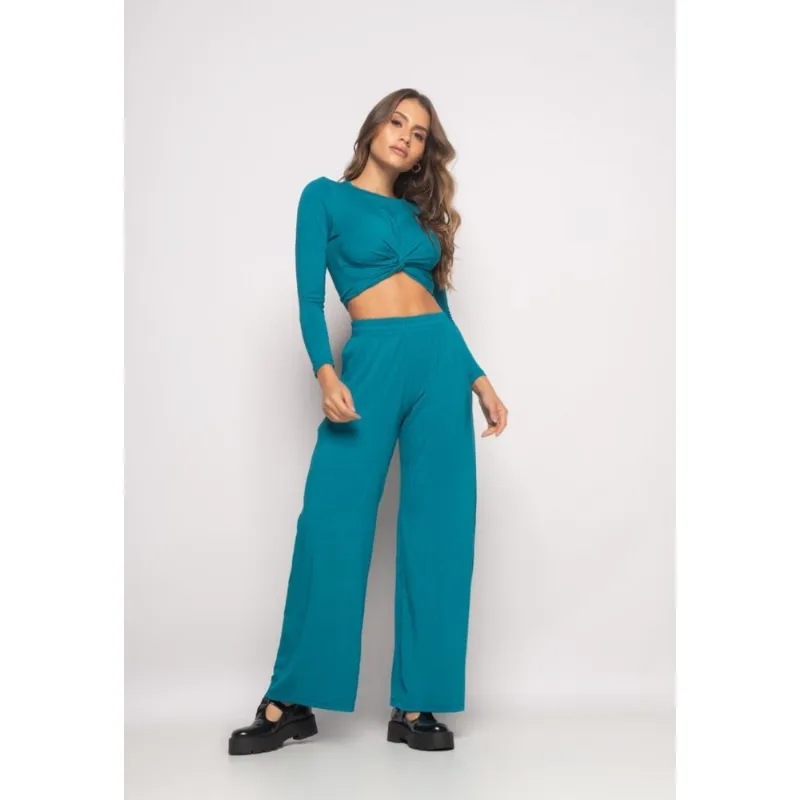 Conjunto Cropped Nó e Wide Leg Manga Longa Malha Azul Salvatore Tamanho G