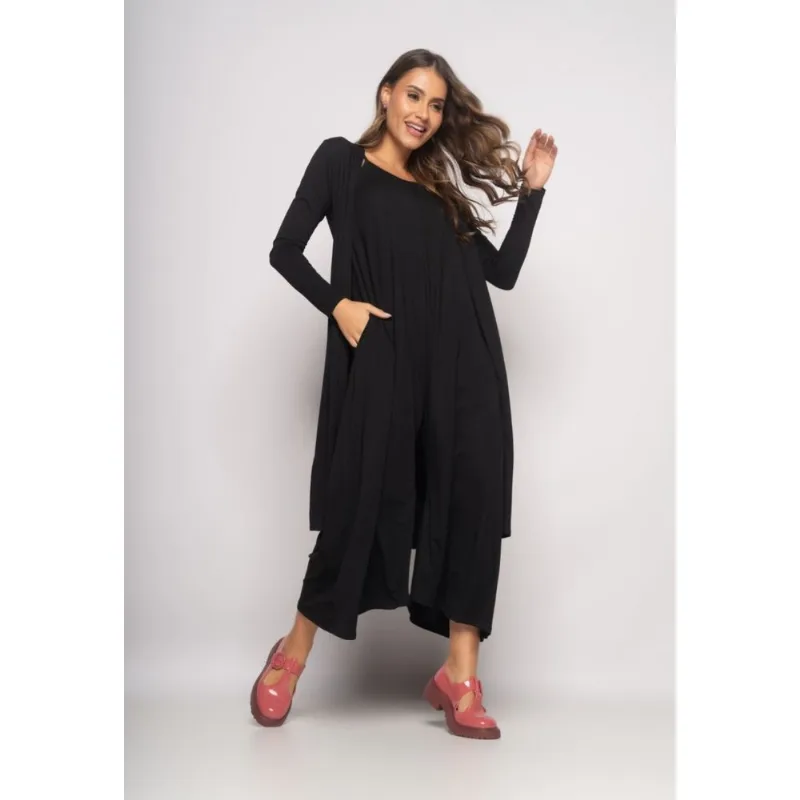 Conjunto Macacão Pantalona e Kimono Malha Preto Salvatore Tamanho M