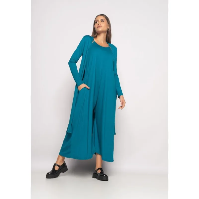 Conjunto Macacão Pantalona e Kimono Malha Azul Salvatore Tamanho M