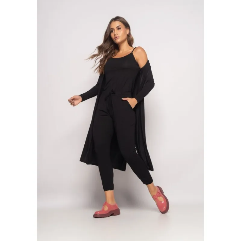Conjunto Com Kimono, Regata e Jogger Malha Preto Salvatore Tamanho P