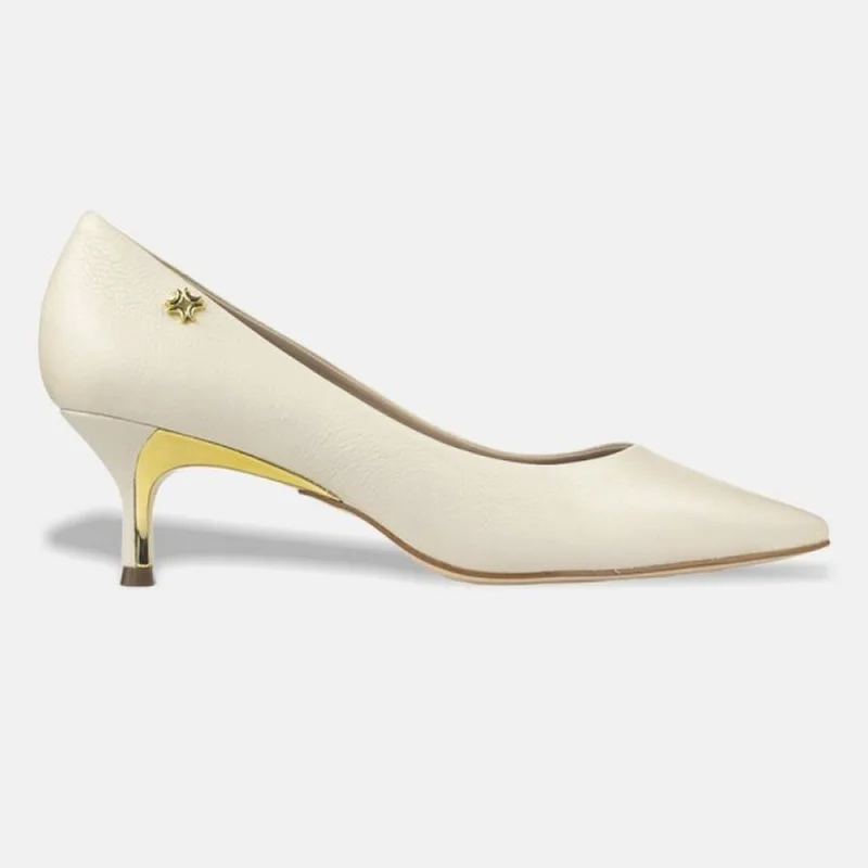 Sapato Scarpin Luz da Lua Bico Fino Saara com Salto Fino Detalhe Dourado 58060700 39 / Off White
