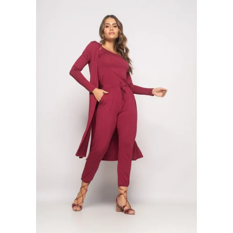 Conjunto Com Kimono, Regata e Jogger Malha Vinho Salvatore Tamanho G