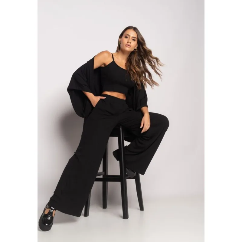 Conjunto Com Kimono, Cropped e Wide Leg Canelado Preto Salvatore Tamanho M