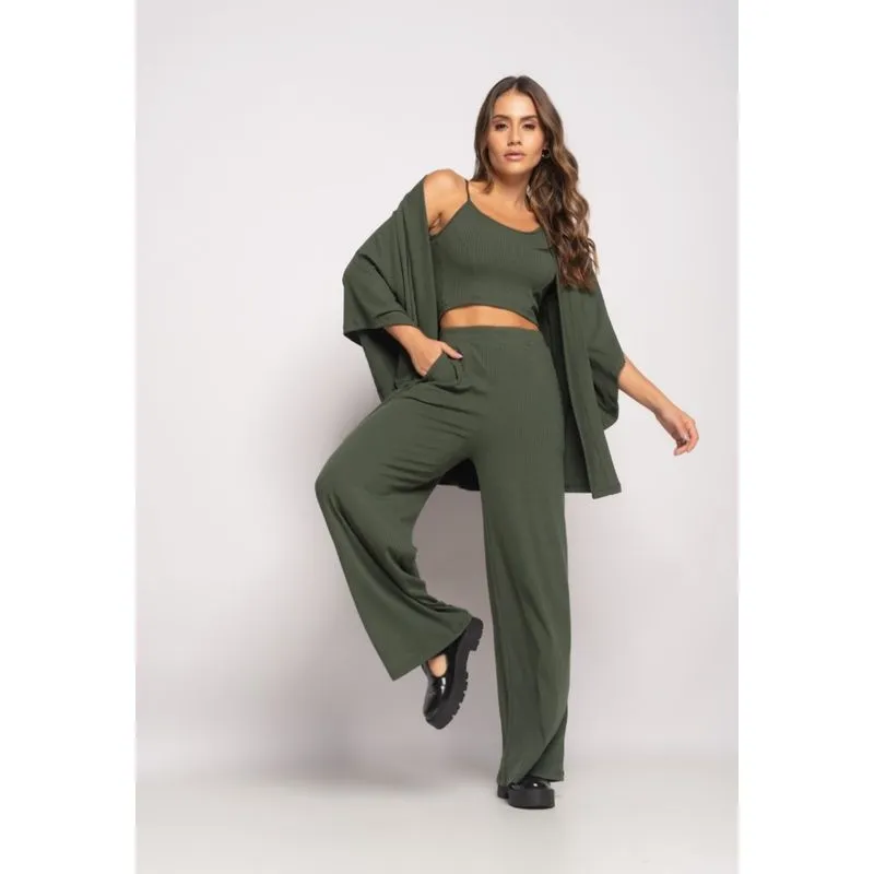 Conjunto Com Kimono, Cropped e Wide Leg Canelado Verde Salvatore Tamanho P