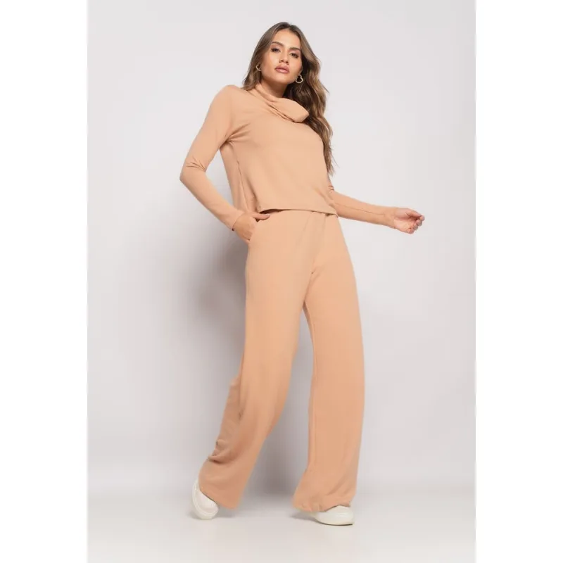 Conjunto De Moletinho Com Blusa Golão E Calça Wide Leg Bege Salvatore Tamanho G
