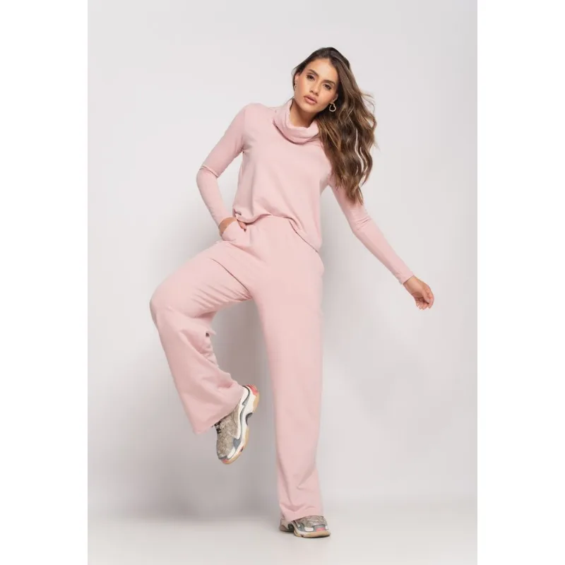 Conjunto De Moletinho Com Blusa Golão E Calça Wide Leg Rosa Salvatore Tamanho M