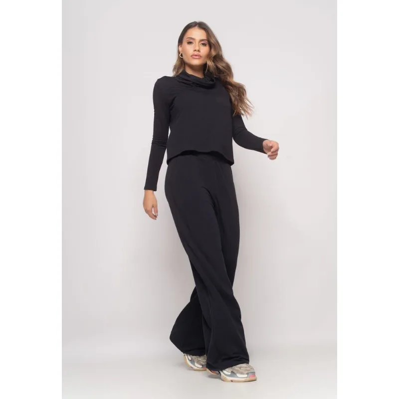 Conjunto De Moletinho Com Blusa Golão E Calça Wide Leg Preto Salvatore Tamanho G