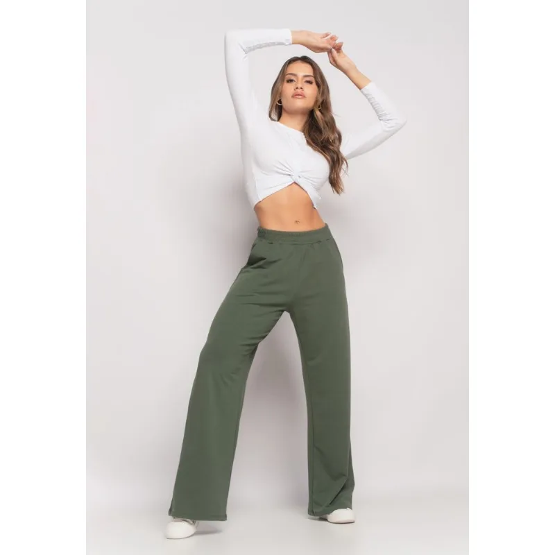 Calça Wide Leg Com Bolso Moletinho Verde Salvatore Tamanho G