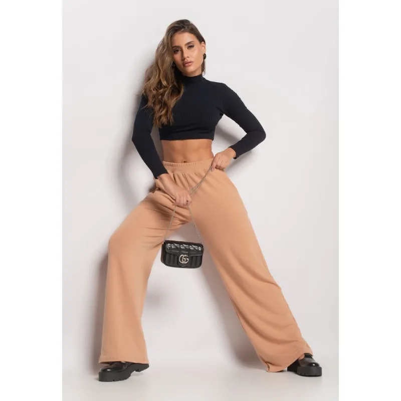 Calça Wide Leg Com Bolso Moletinho Bege Salvatore Tamanho G