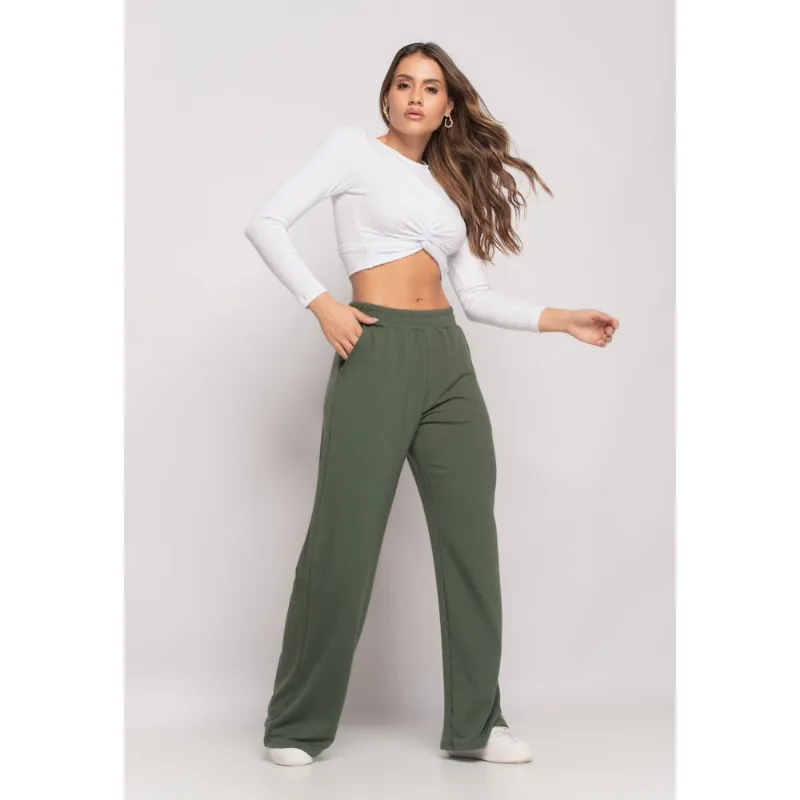Calça Wide Leg Com Bolso Moletinho Verde Salvatore Tamanho M