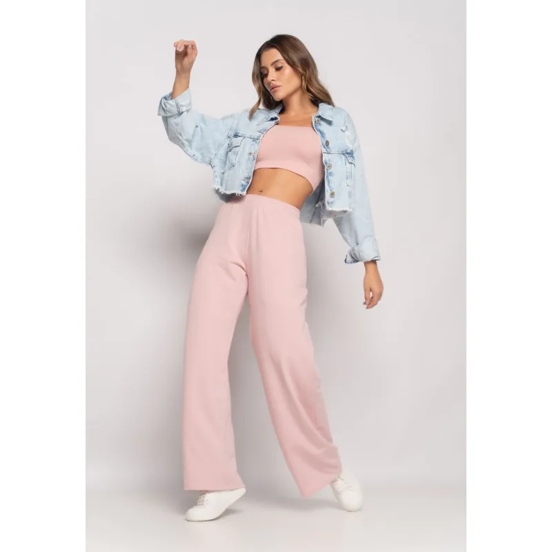 Calça Wide Leg Com Bolso Moletinho Rosa Salvatore Tamanho M