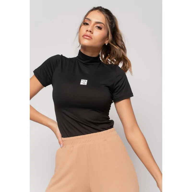 Blusa Esportiva Gola Alta Manga Curta Malha Preto Salvatore Tamanho G