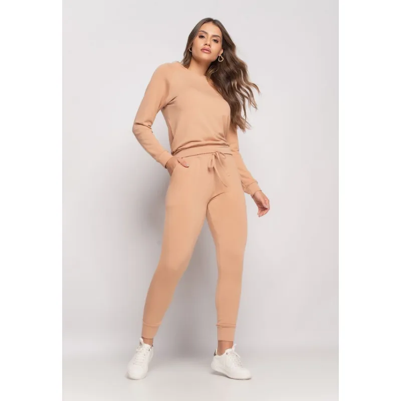 Conjunto De Moletinho Com Casaco Gola Canoa E Calça Jogger Bege Salvatore Tamanho G