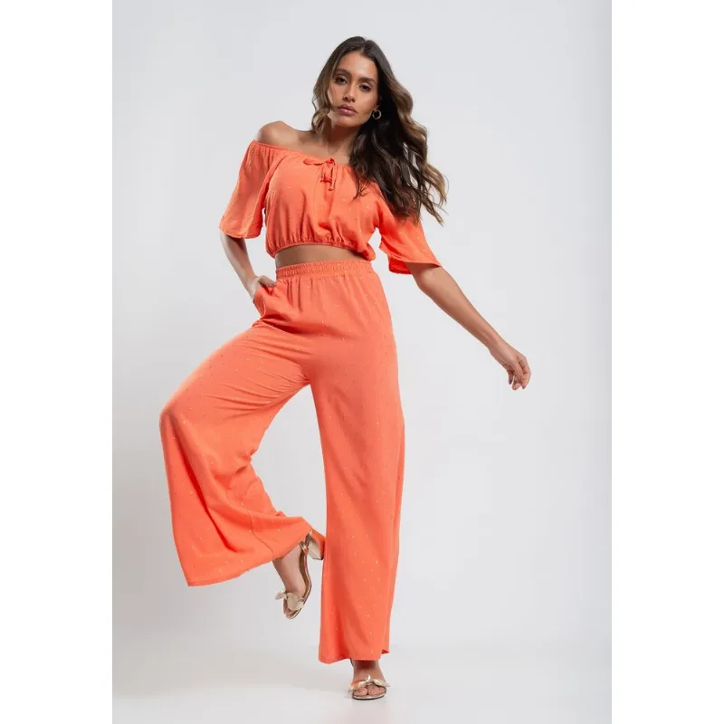 Calça Pantalona Viscose Com Lurex Laranja Salvatore Tamanho P
