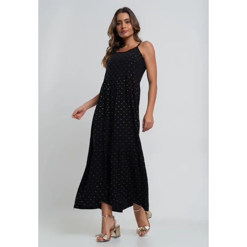 Vestido Midi Viscose Babado Com Lurex Preto Salvatore Tamanho M