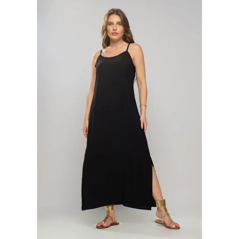 Vestido Longo Viscolinho Fenda Preto Salvatore Tamanho P